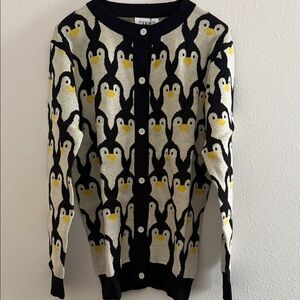 Penguin Knit Button Cardigan - Black, Cream & Yellow